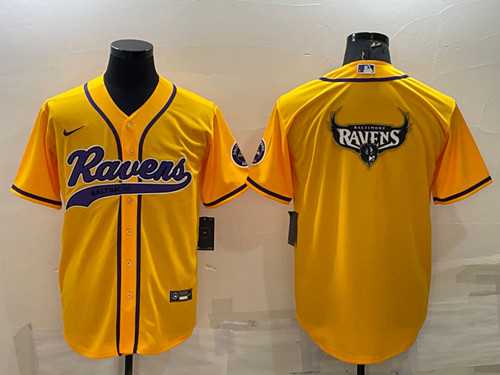 Mens Baltimore Ravens Yellow Team Big Logo With Patch Cool Base Stitched Baseball Jersey->baltimore ravens->NFL Jersey